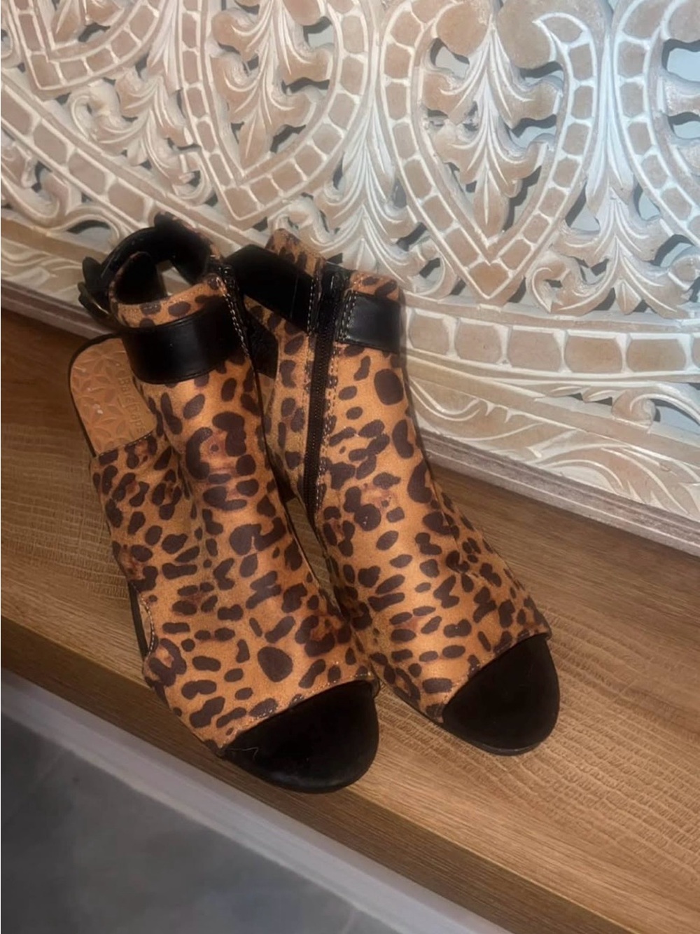 BareTraps Leopard-Print Open-Toe Heels in Brown and Black